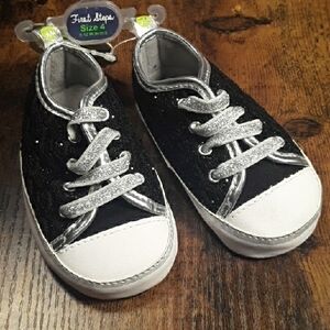 NWT First Steps by Stepping Stones Sz 4 (9-12 Months) Black & Silver Bling Bling